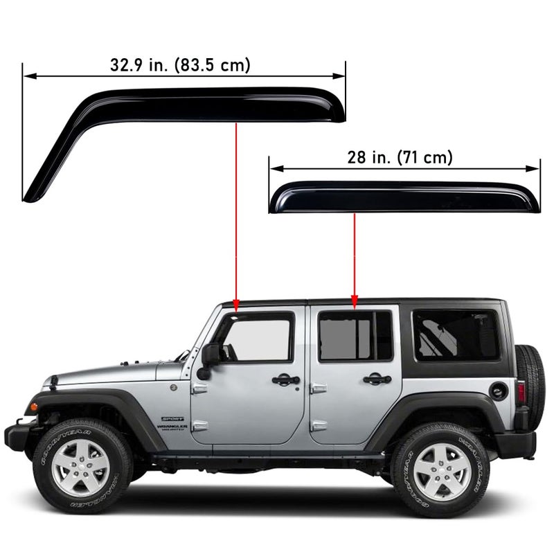 Lightronic Extra Durable Outside-Mount Auto Vent Window Visor, Fit 2007-2017 Jeep Wrangler Unlimited, 2018 Wrangler JK Unlimited, 4-Door, UV-Protect Rain Guard, Original Wind Deflector, Smoke, 4-Pcs - Image 2